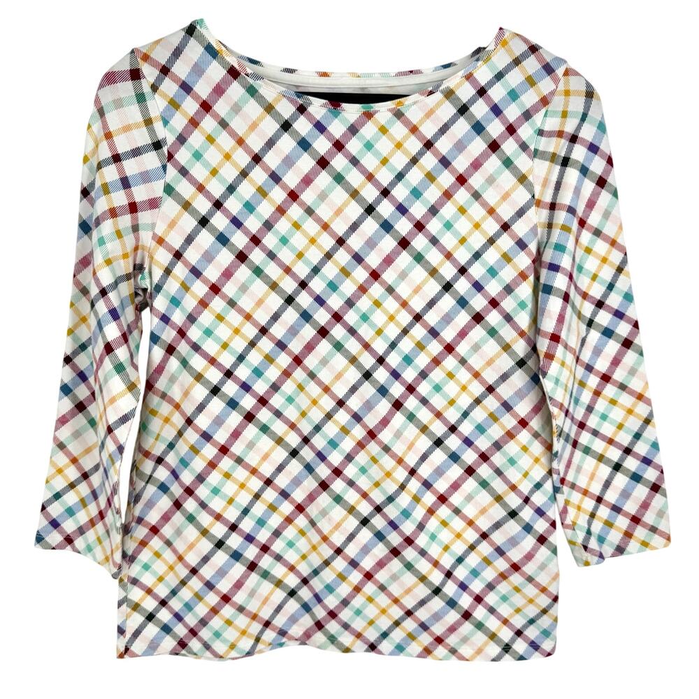 Talbots Sz Medium Multicolor Plaid 3/4 Sleeve Blouse Shirt Top Christmas Easter